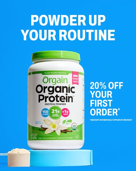 A high-clarity 4:5 product shot for organic protein powder, emphasizing clear macronutrient values and a direct 20% discount offer.
